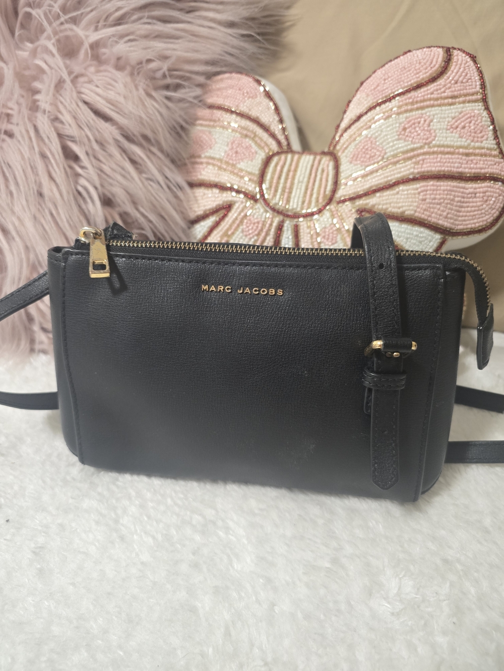 Marc Jacobs Black Leather Double-Zip Crossbody with Gold Hardware